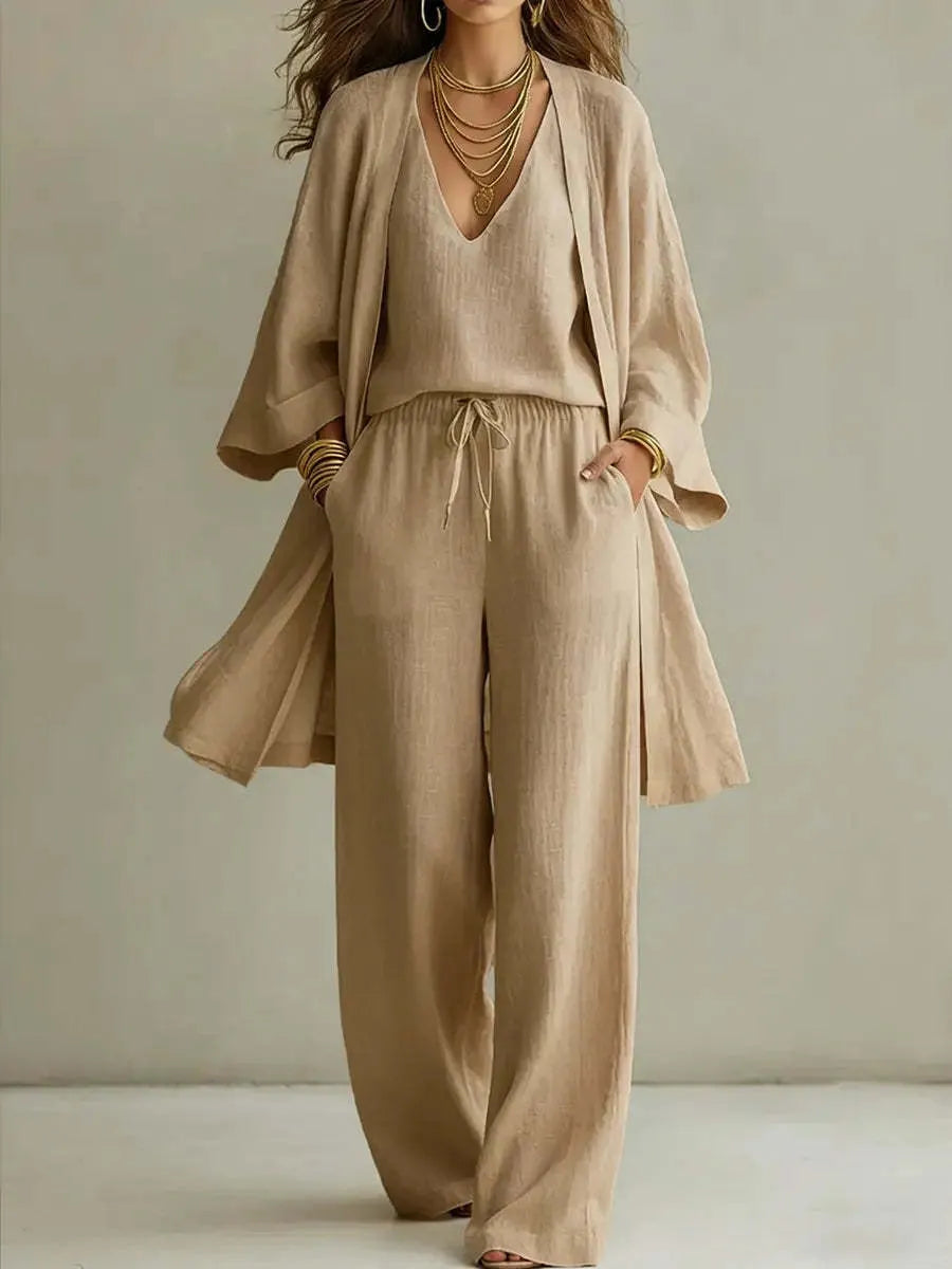 Solid Color Loose Cardigan And Drawstring Wide-leg Trousers Three-piece Set