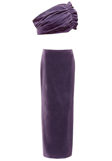 Draped Bardot Two Piece Maxi Velvet Dress Purple