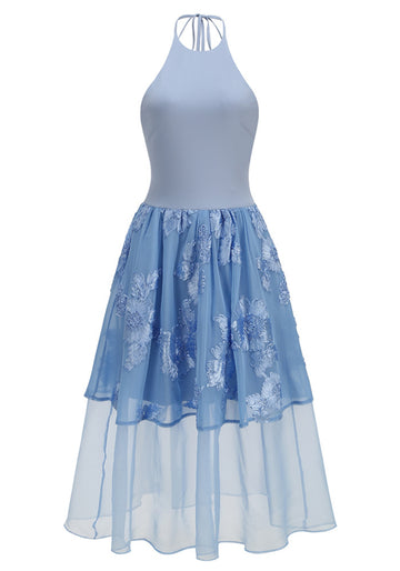 Halter Floral A Line Midi Dress Blue
