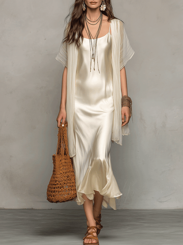 Elegant Satin Slip Midi Dress With Sheer Chiffon Cover-Up
