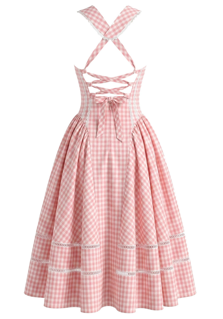 Gingham Corset A Line Midi Dress Pink