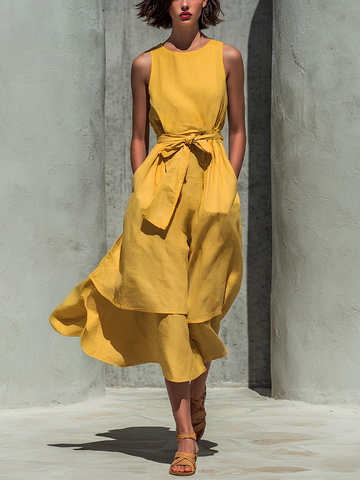 Women’s Yellow Linen-Blend Sleeveless Round Neck Belted Layered Midi Dress MDZ2466D4T