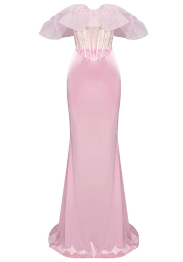 Ruffle Bardot Corset Two Piece Maxi Dress Pink