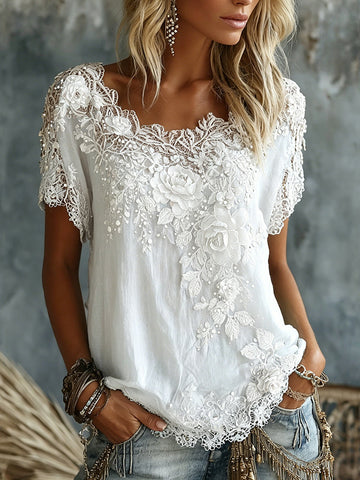 Women's Vintage Rose Floral Art Casual Cotton Linen Short-sleeved T-shirt