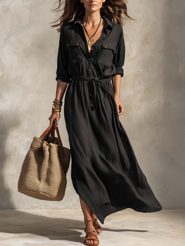 Refined Belted Linen Shirt Maxi Dress