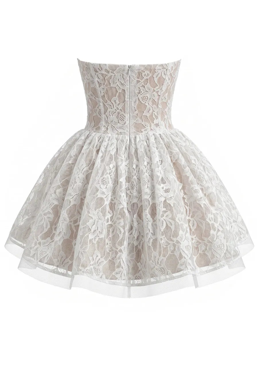 Strapless Scalloped Lace A Line Dress White