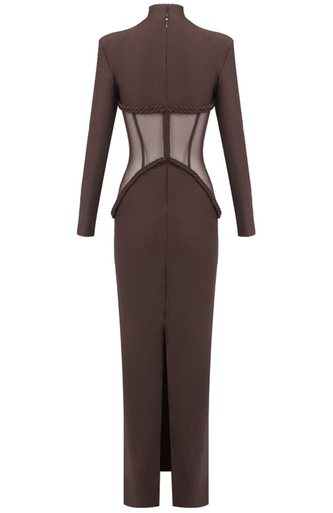 Long Sleeve Structured Mesh Maxi Dress Brown