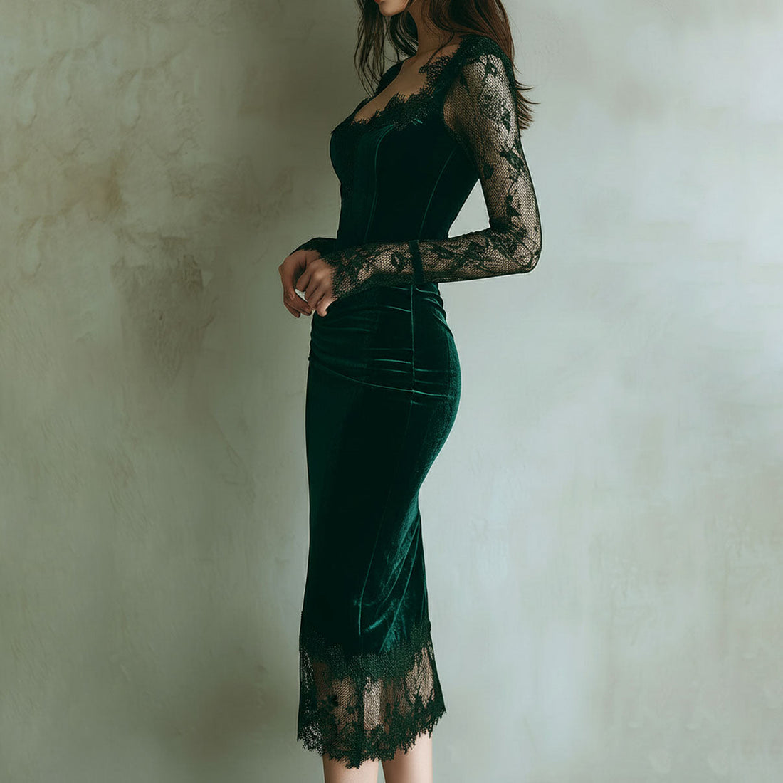 Elegant Green Velvet Long-sleeved Lace Knee-length Dress