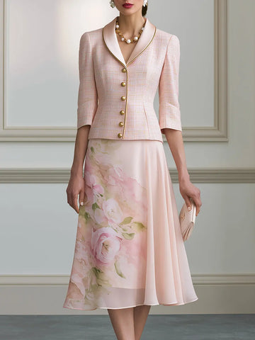 Tweed Shawl-Collar Jacket & Floral Chiffon Midi Skirt Set