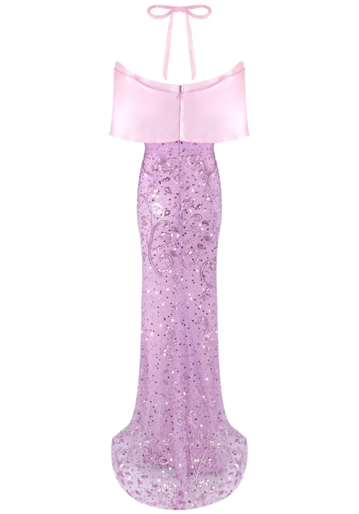 Halter Bardot Crystal Sequin Maxi Dress Pink