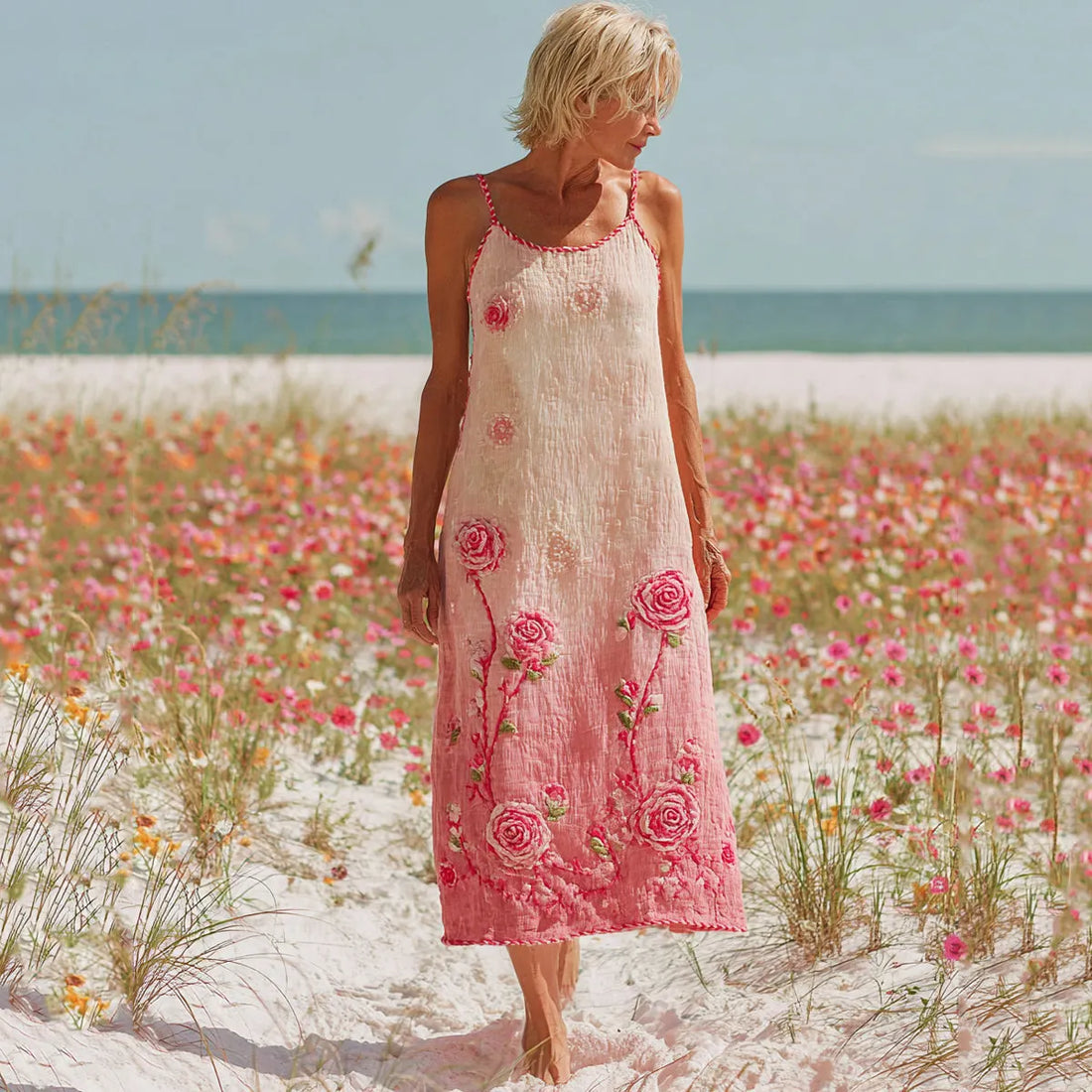 Stylish Pink Floral Embroidered Cozy Suspenders Maxi Dress