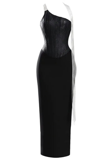 Crystal One Shoulder Structured Maxi Dress Black