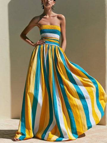 Yellow and blue striped smocked strapless maxi dress