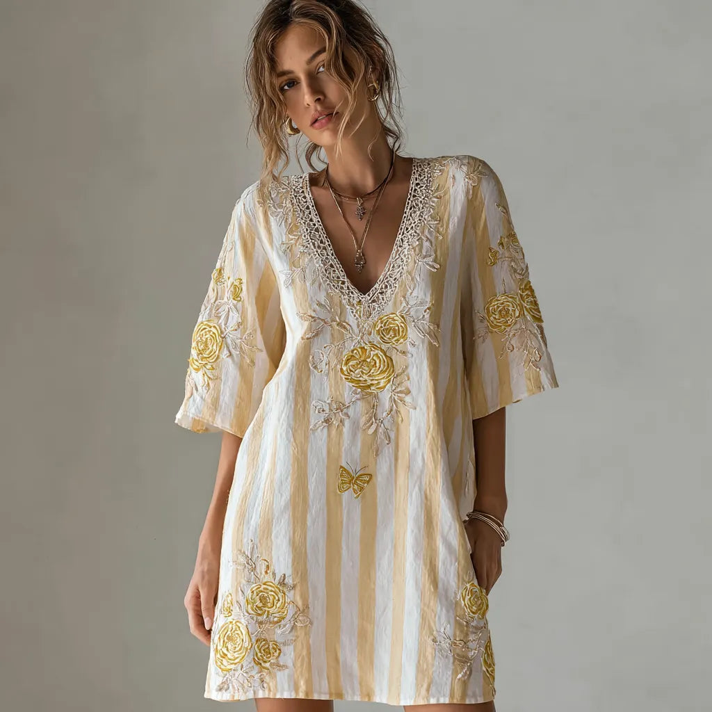 Butterfly Flower Embroidery Patchwork Striped Design Women's Summer Linen Dress