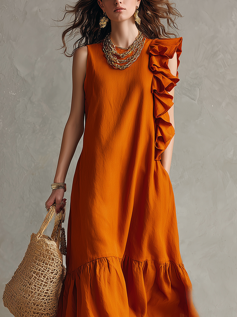 A Relaxed Yet Stylish Orange Sleeveless Dress With Ruffles