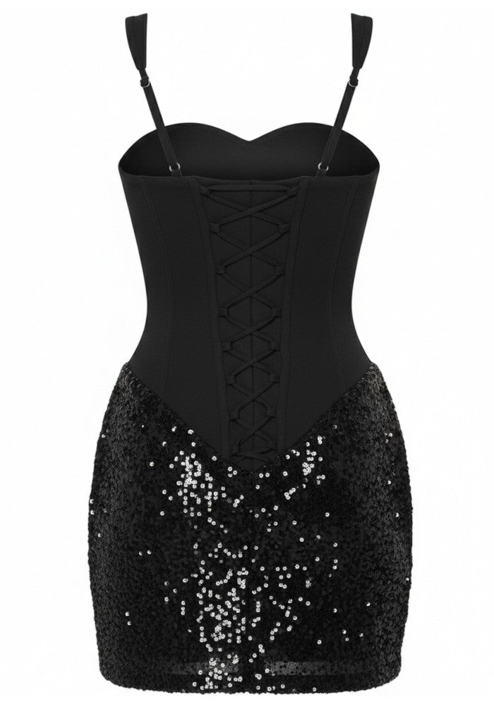Draped Sequin Corset Dress Black