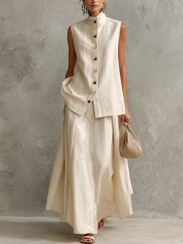 Women's Relaxed Off-White Linen-Cotton Two-Tone Button Stand Collar Sleeveless Vest And Maxi Skirt Two-Piece Set MDZ2485D5GMJ