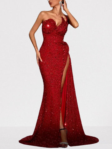 Long Red Structured Sequin Gown