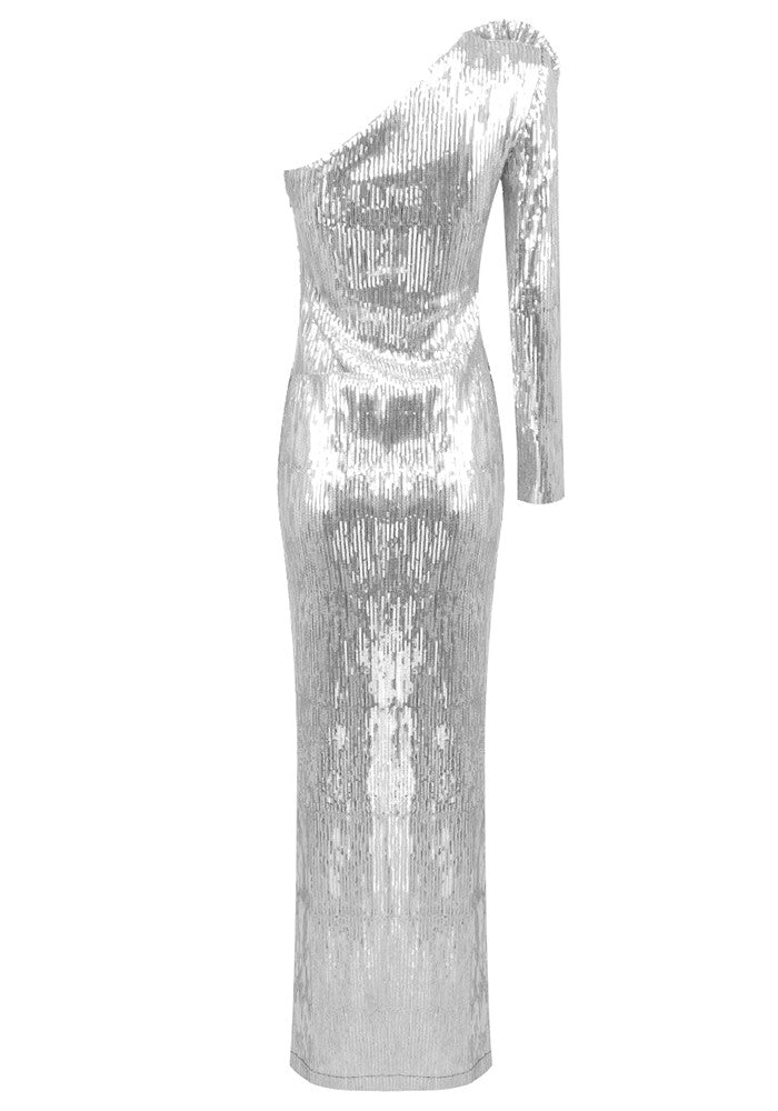 One Sleeve Floral Sequin Maxi Dress Silver