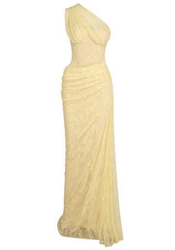 One Shoulder Draped Lace Maxi Dress Yellow