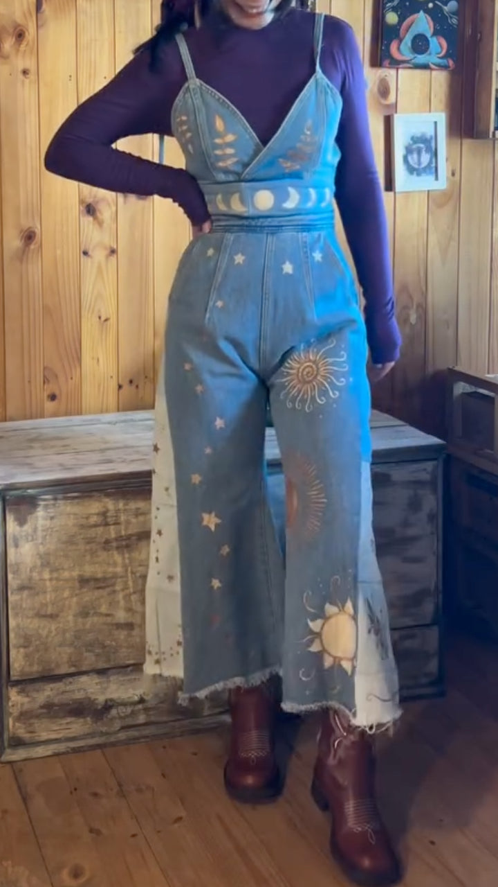 Denim Celestial Moon Star Print Spaghetti Strap Jumpsuit