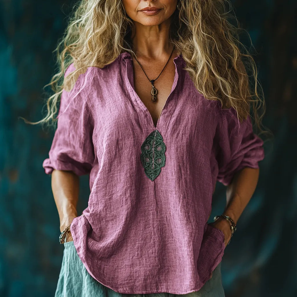 Women's Plain V-neck Linen Loose Shirt