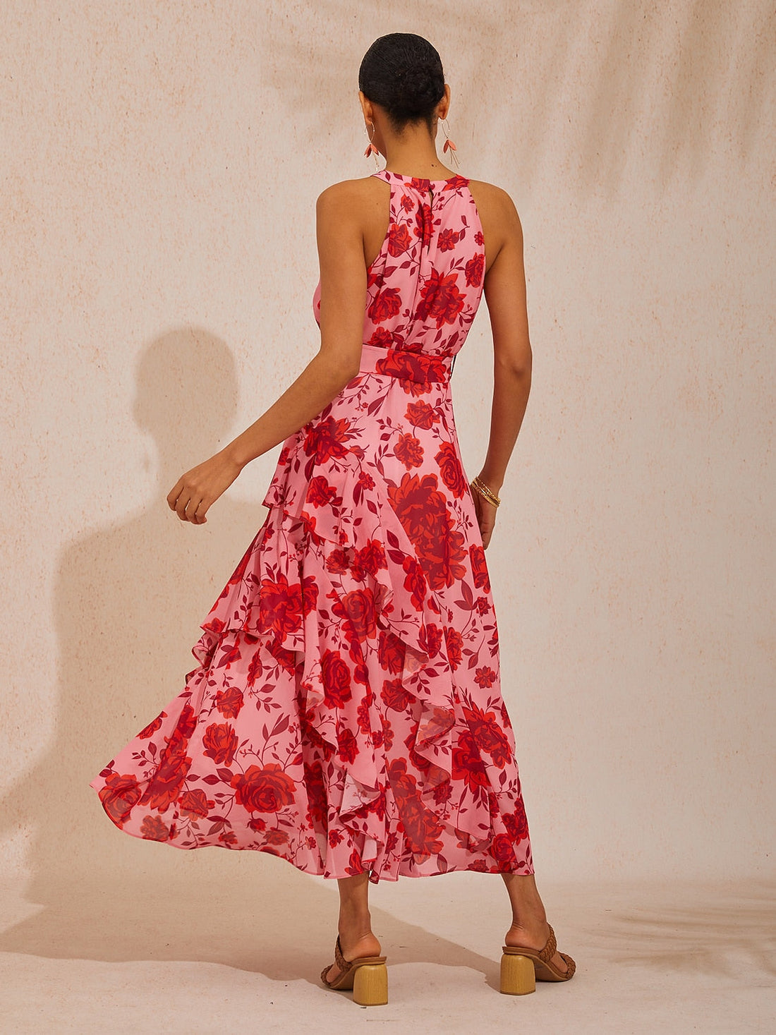 Spring Blooms Flowy Chiffon Waist-Cinching Maxi Dress