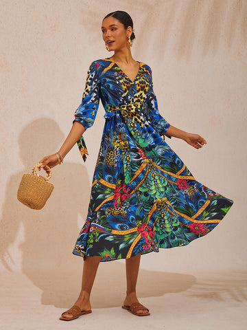 Jungle Wild Party Cotton Peacock Maxi Dress