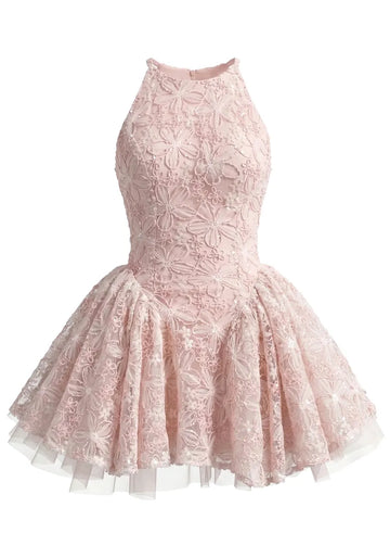 Halter Floral A Line Dress Pink