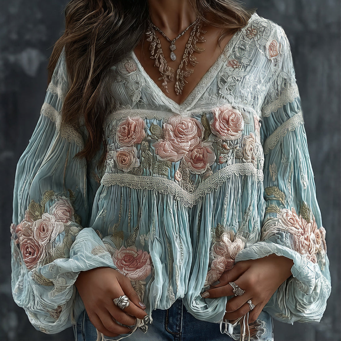 Women's Retro Floral Embroidered Art Print Flowy Linen Blend Casual Tops