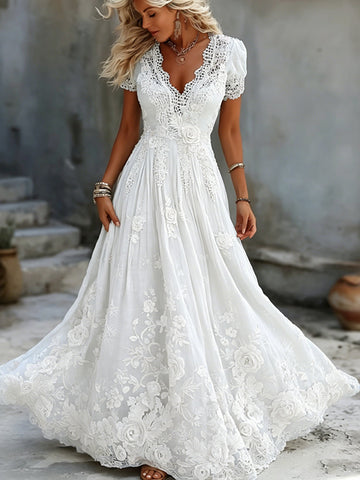 Women's Vintage White Rose Floral Art Linen Blend V Neck Maxi Dress