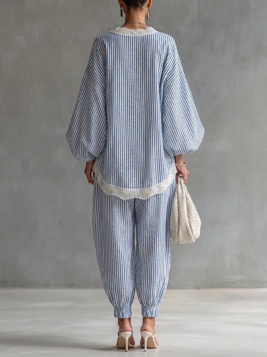 Blue Striped Lace-trimmed Loose Two-piece Set
