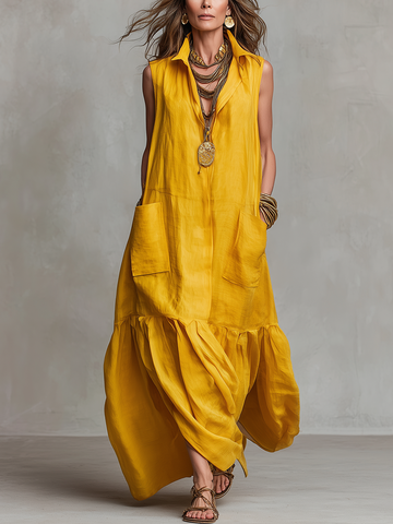 Bohemian Retro Mustard Yellow Pocket Maxi Dress