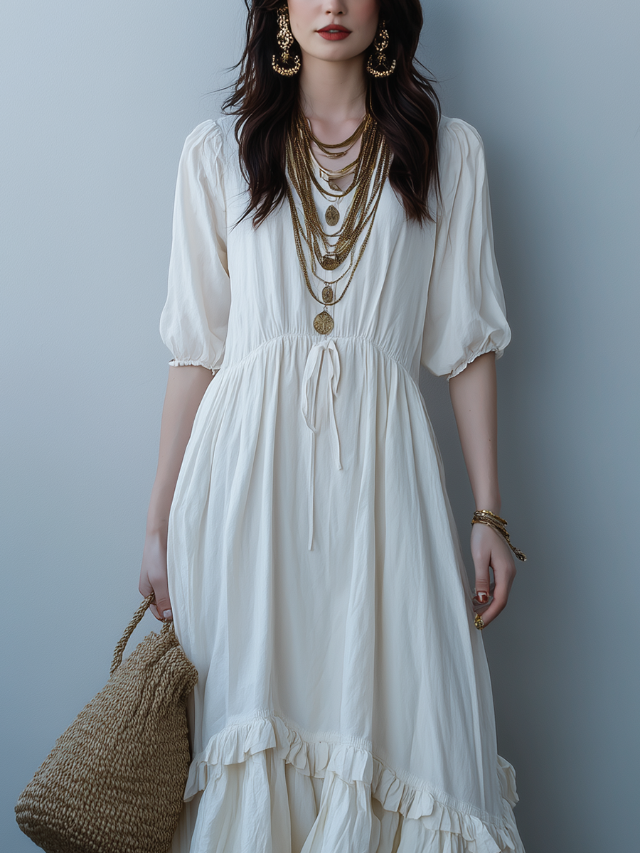 Ivory White High Waisted Drawstring Midi Dress With A Ruffled Hem