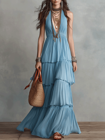 Elegant Bohemian Flowing Resort Chic Sky Blue Tiered Halter Maxi Dress