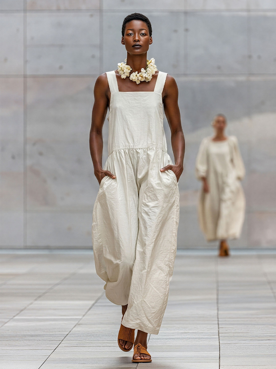 Women's Off-White Cotton-Blend Wide-Leg Jumpsuit With Square Neck & Pockets, Timeless Minimalist Loungewear MDZ2509D1LYL