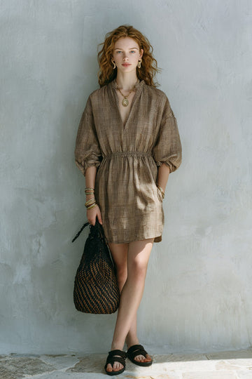 Women's Brown Houndstooth Puff Sleeve Short Dress