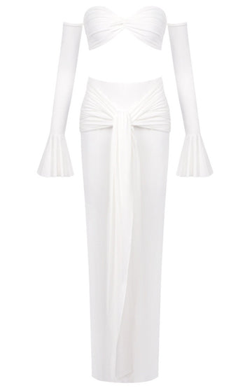 Long Sleeve Bardot Two Piece Maxi Dress White