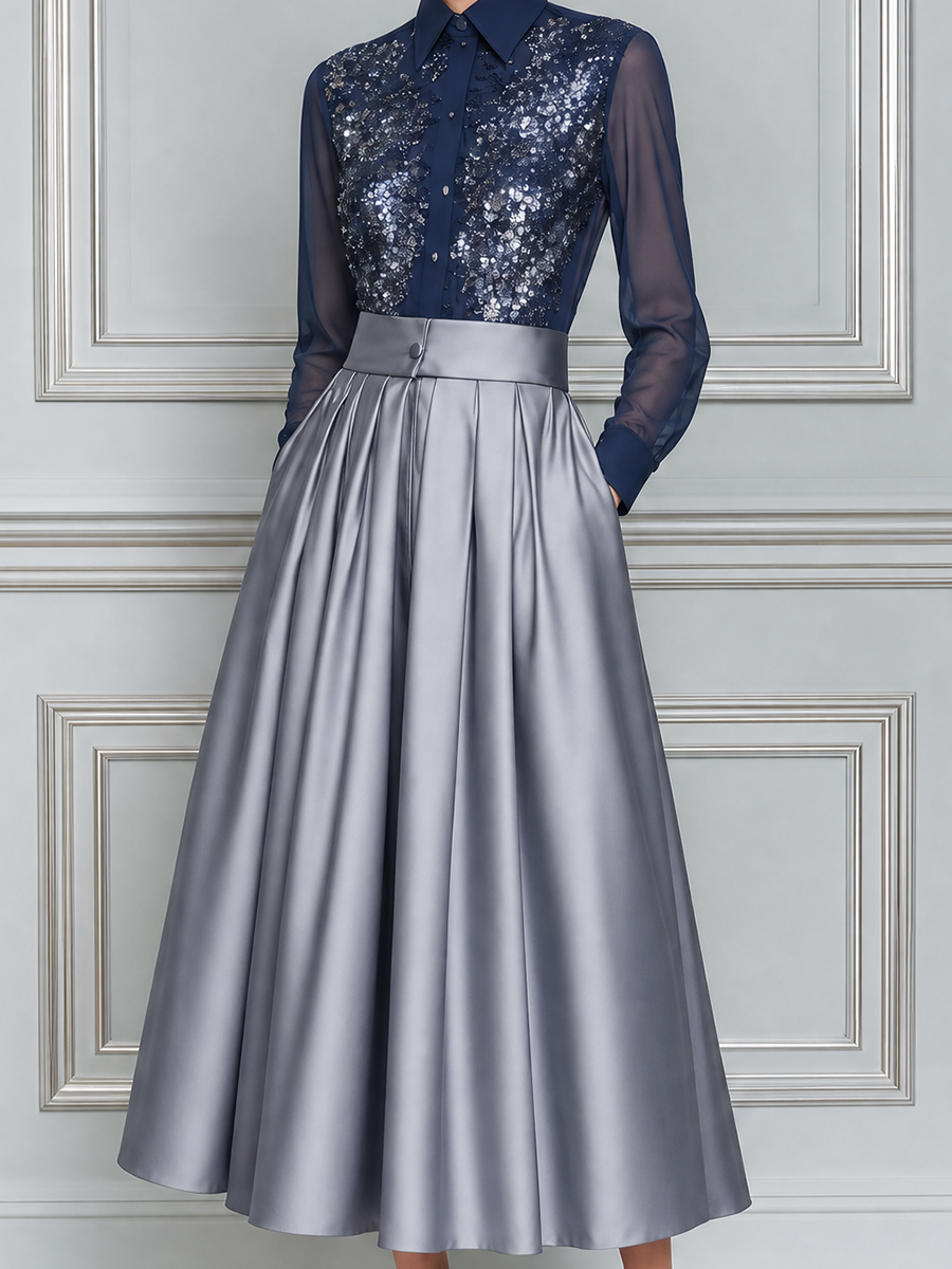 Navy Sequin Shirt And Silver Pleated Skirt Two-Piece Set