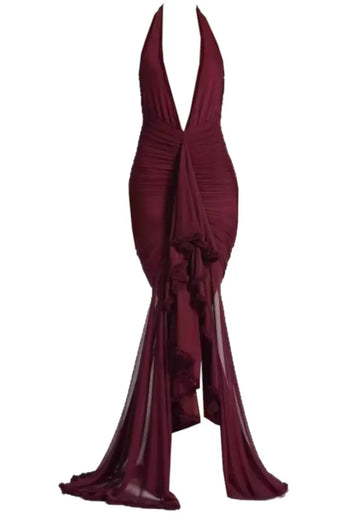 Halter Plunge Ruffle Maxi Dress Burgundy