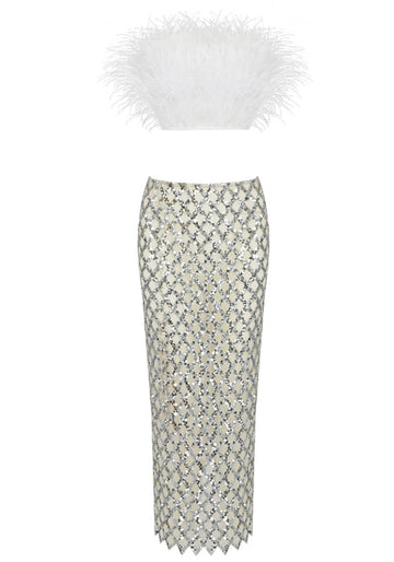Strapless Feather Midi Two Piece Dress White