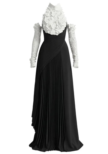 Halter Floral Pleated A Line Maxi Dress Black White