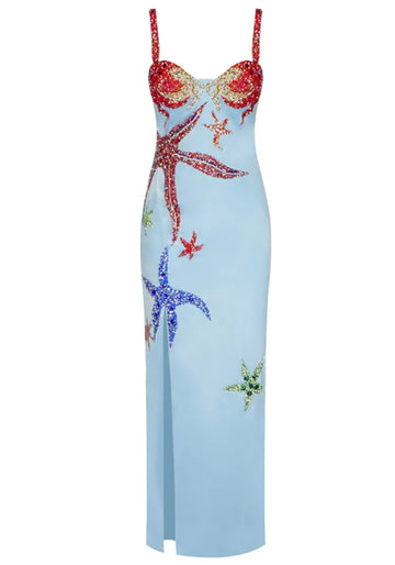 Crystal Bustier Starfish Detail Maxi Dress Blue