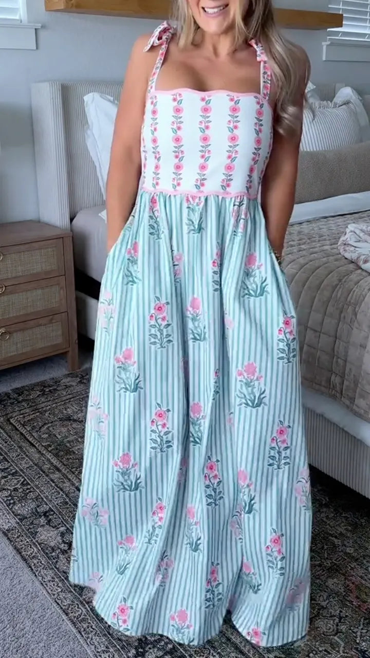 Women's V-Neck Floral Print Strappy Maxi Vacation Dress