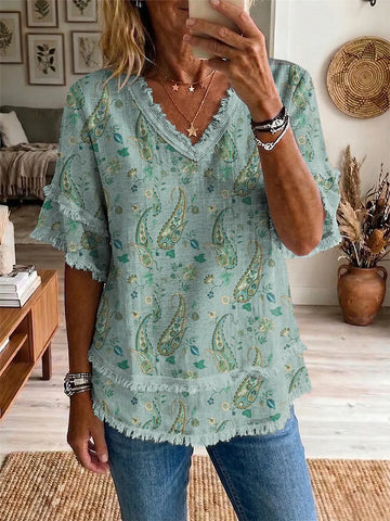 Ethnic Bohemian Paisley Women's Art Casual Patchwork V Collar Shirt