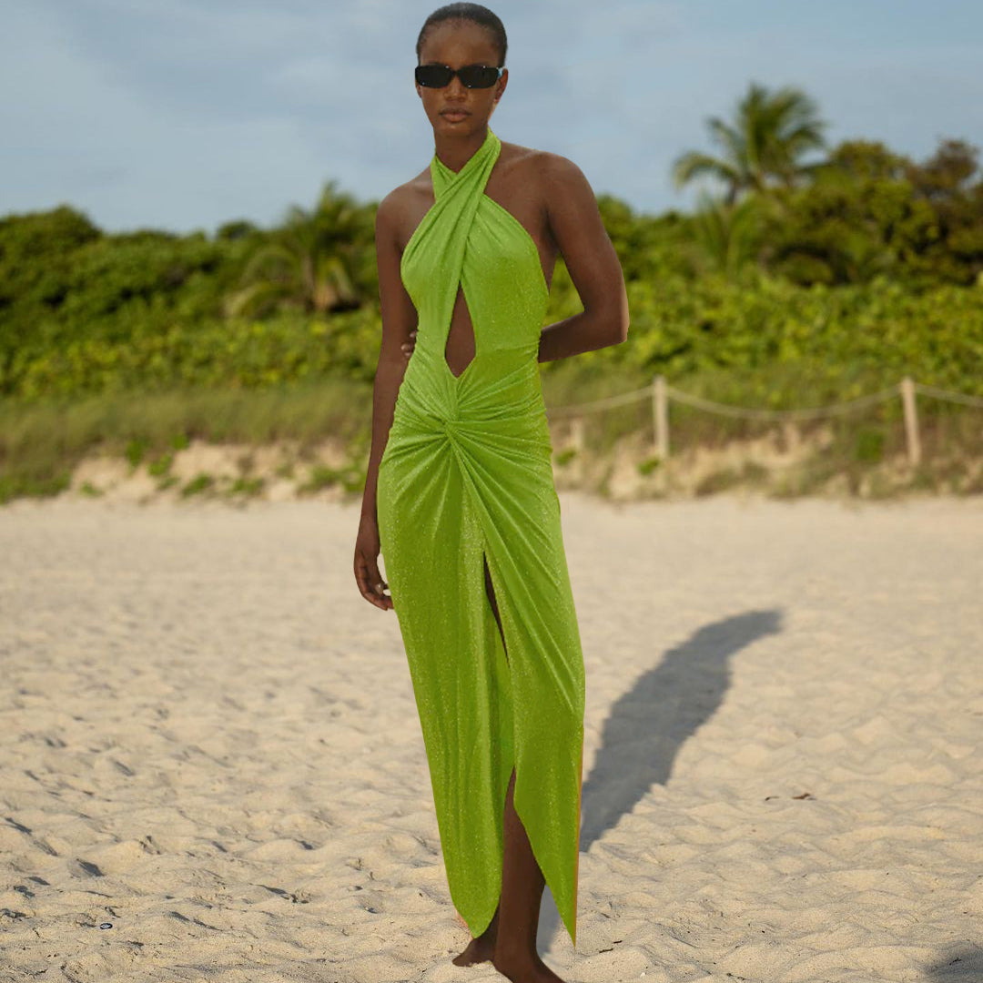Shiny Texture Pleated Design One Piece Halter Swimsuit and Skirt