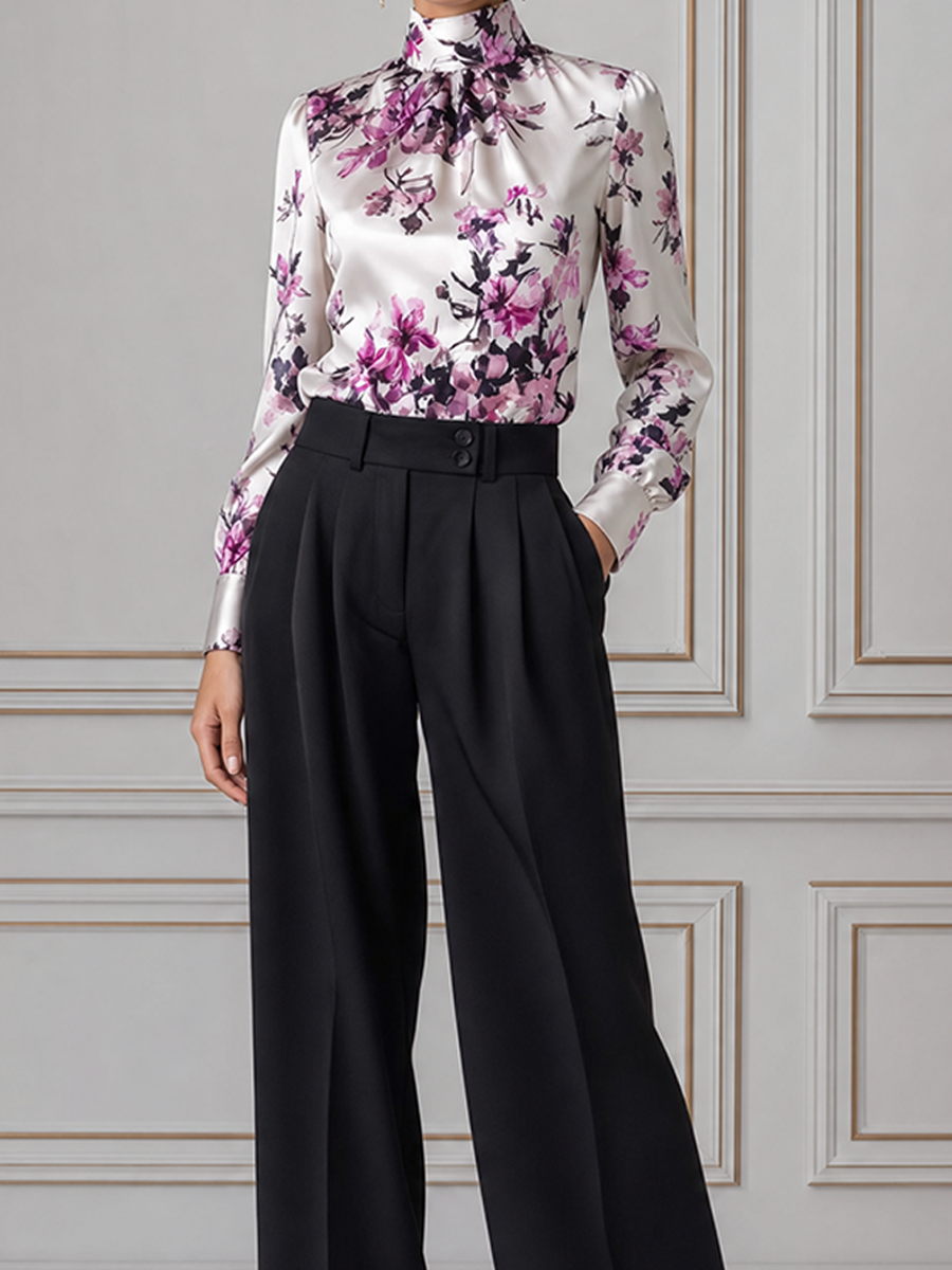 White Floral Satin Blouse & Black Wide Leg Pants Set
