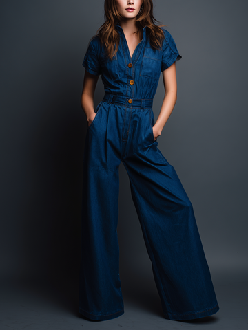 Women's Modern Minimalist Retro-Style Workwear: Blue Denim Short-Sleeve Jumpsuit MDZ2085D6ZJW
