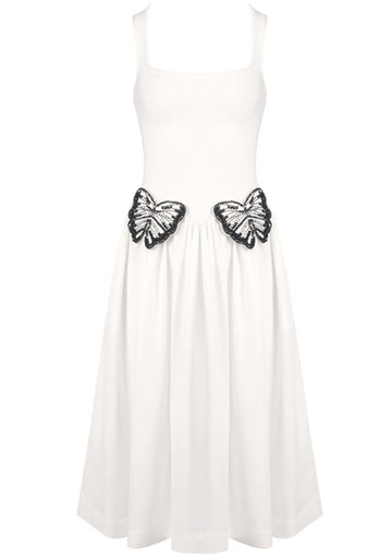 Butterfly Detail A Line Midi Dress White