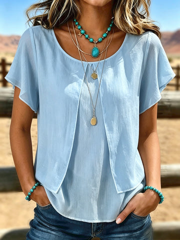 Women's Vintage Fake Two-piece Patchwork Chiffon Casual Shirt